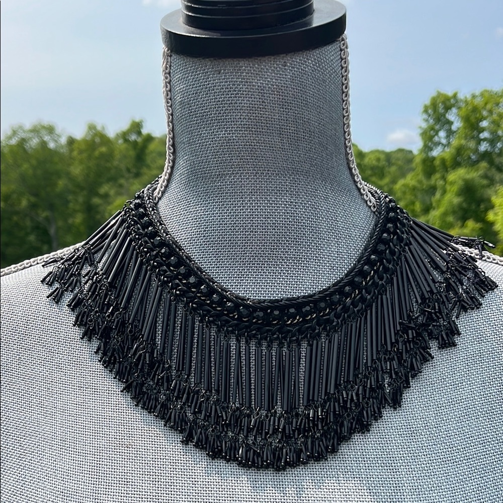 Zara Black Statement Necklace with Beaded Fringe